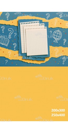 Tło fotograficzne szkolne – żółto-niebieski kolaż z motywami edukacyjnymi | 3682